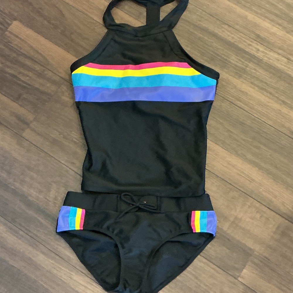 RAD Swim Tankini Set Black Rainbow Stripe High Neck Two Piece Size M